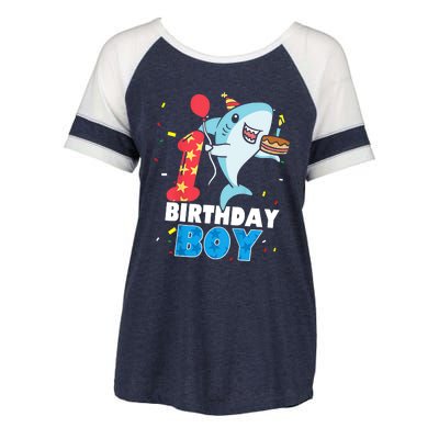 Funny 1 Year Old Shark OceanTheme Party 1st Birthday Boy Enza Ladies Jersey Colorblock Tee