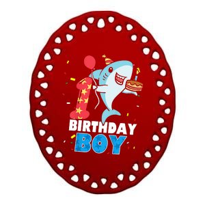 Funny 1 Year Old Shark OceanTheme Party 1st Birthday Boy Ceramic Oval Ornament