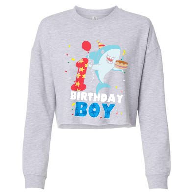 Funny 1 Year Old Shark OceanTheme Party 1st Birthday Boy Cropped Pullover Crew