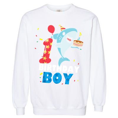 Funny 1 Year Old Shark OceanTheme Party 1st Birthday Boy Garment-Dyed Sweatshirt