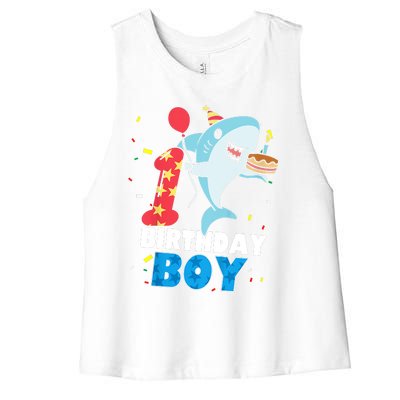 Funny 1 Year Old Shark OceanTheme Party 1st Birthday Boy Women's Racerback Cropped Tank