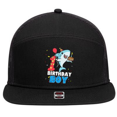 Funny 1 Year Old Shark OceanTheme Party 1st Birthday 7 Panel Mesh Trucker Snapback Hat