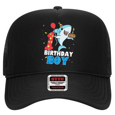 Funny 1 Year Old Shark OceanTheme Party 1st Birthday High Crown Mesh Back Trucker Hat