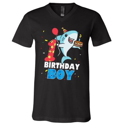 Funny 1 Year Old Shark OceanTheme Party 1st Birthday V-Neck T-Shirt