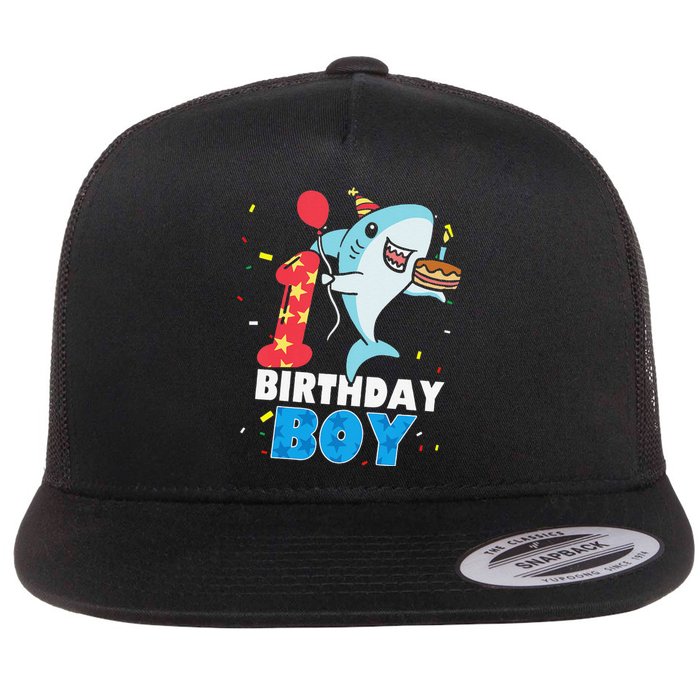 Funny 1 Year Old Shark OceanTheme Party 1st Birthday Flat Bill Trucker Hat