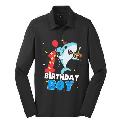 Funny 1 Year Old Shark OceanTheme Party 1st Birthday Silk Touch Performance Long Sleeve Polo