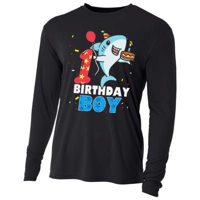 Funny 1 Year Old Shark OceanTheme Party 1st Birthday Cooling Performance Long Sleeve Crew