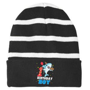 Funny 1 Year Old Shark OceanTheme Party 1st Birthday Striped Beanie with Solid Band