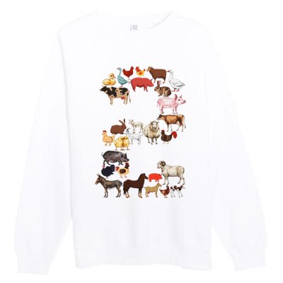 Fun 2nd Birthday Farm Animals Themed 2 Year Old Bday Premium Crewneck Sweatshirt