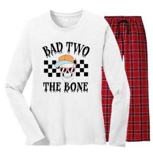 Funny 2nd Birthday Halloween Skeleton Boy Bad Two The Bone Women's Long Sleeve Flannel Pajama Set 