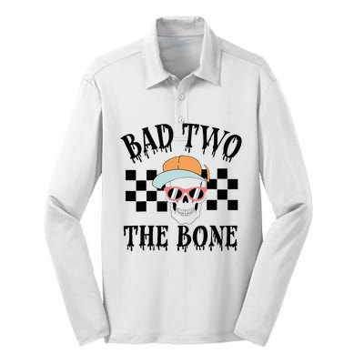 Funny 2nd Birthday Halloween Skeleton Boy Bad Two The Bone Silk Touch Performance Long Sleeve Polo