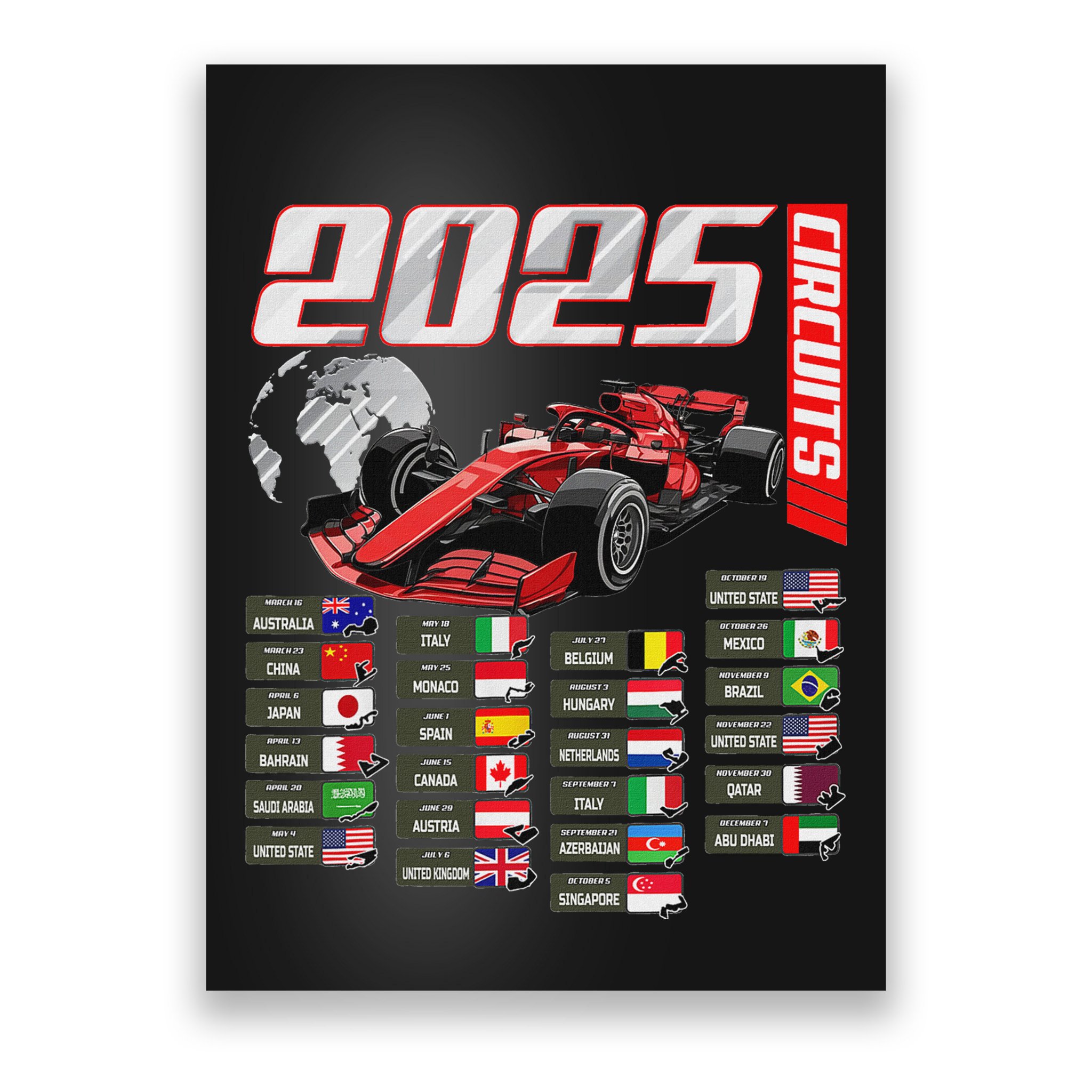 Formula 2025 Circuits Formula 2025 Schedule Racing Car Track Poster
