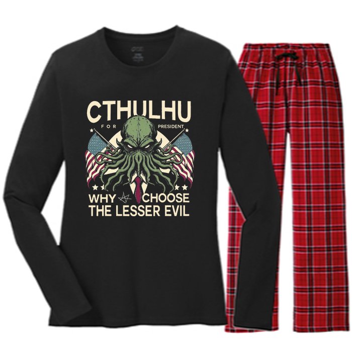 Funny 2024 elections Cthulhu for President Women's Long Sleeve Flannel Pajama Set 