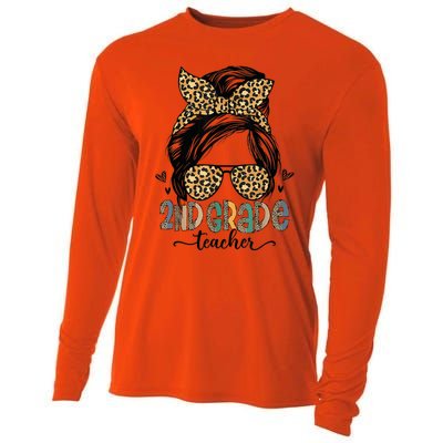 Funny 2nd Grade Teacher Messy Bun Leopard Back To School Cooling Performance Long Sleeve Crew