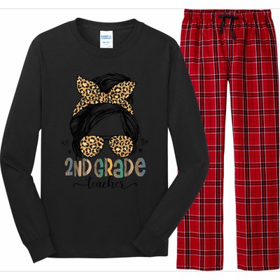 Funny 2nd Grade Teacher Messy Bun Leopard Back To School Long Sleeve Pajama Set