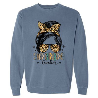 Funny 2nd Grade Teacher Messy Bun Leopard Back To School Garment-Dyed Sweatshirt