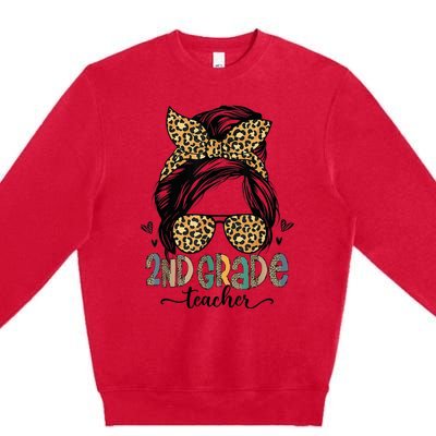 Funny 2nd Grade Teacher Messy Bun Leopard Back To School Premium Crewneck Sweatshirt