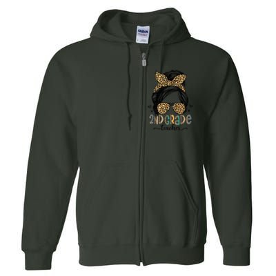 Funny 2nd Grade Teacher Messy Bun Leopard Back To School Full Zip Hoodie