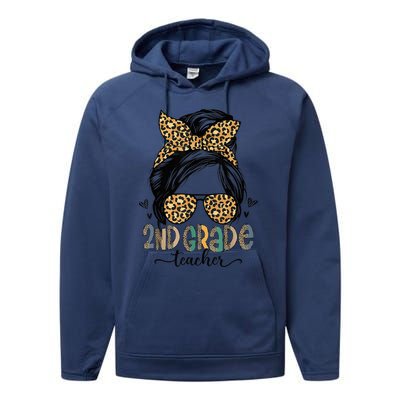 Funny 2nd Grade Teacher Messy Bun Leopard Back To School Performance Fleece Hoodie