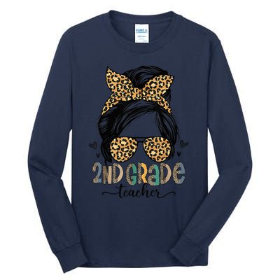 Funny 2nd Grade Teacher Messy Bun Leopard Back To School Tall Long Sleeve T-Shirt