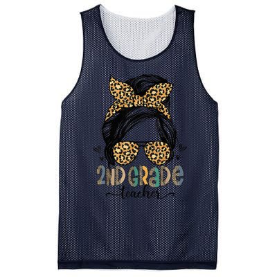 Funny 2nd Grade Teacher Messy Bun Leopard Back To School Mesh Reversible Basketball Jersey Tank