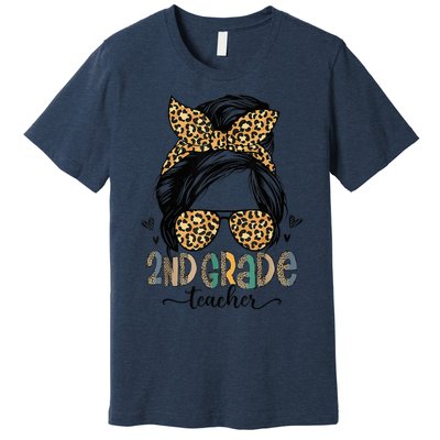 Funny 2nd Grade Teacher Messy Bun Leopard Back To School Premium T-Shirt