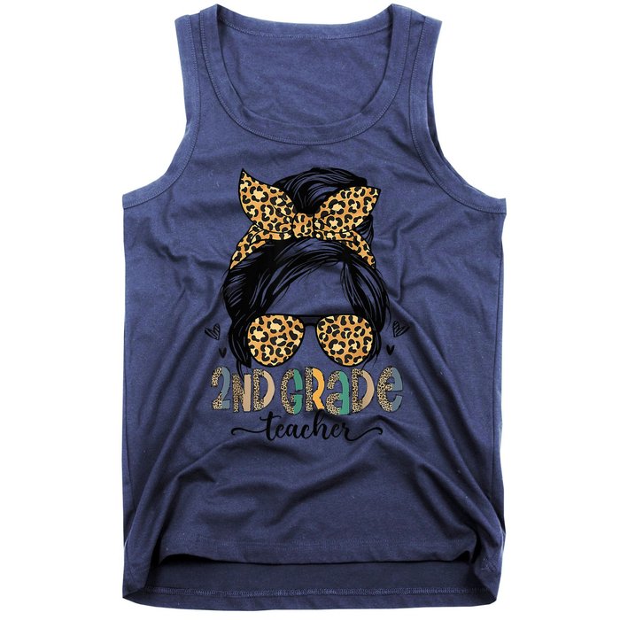 Funny 2nd Grade Teacher Messy Bun Leopard Back To School Tank Top