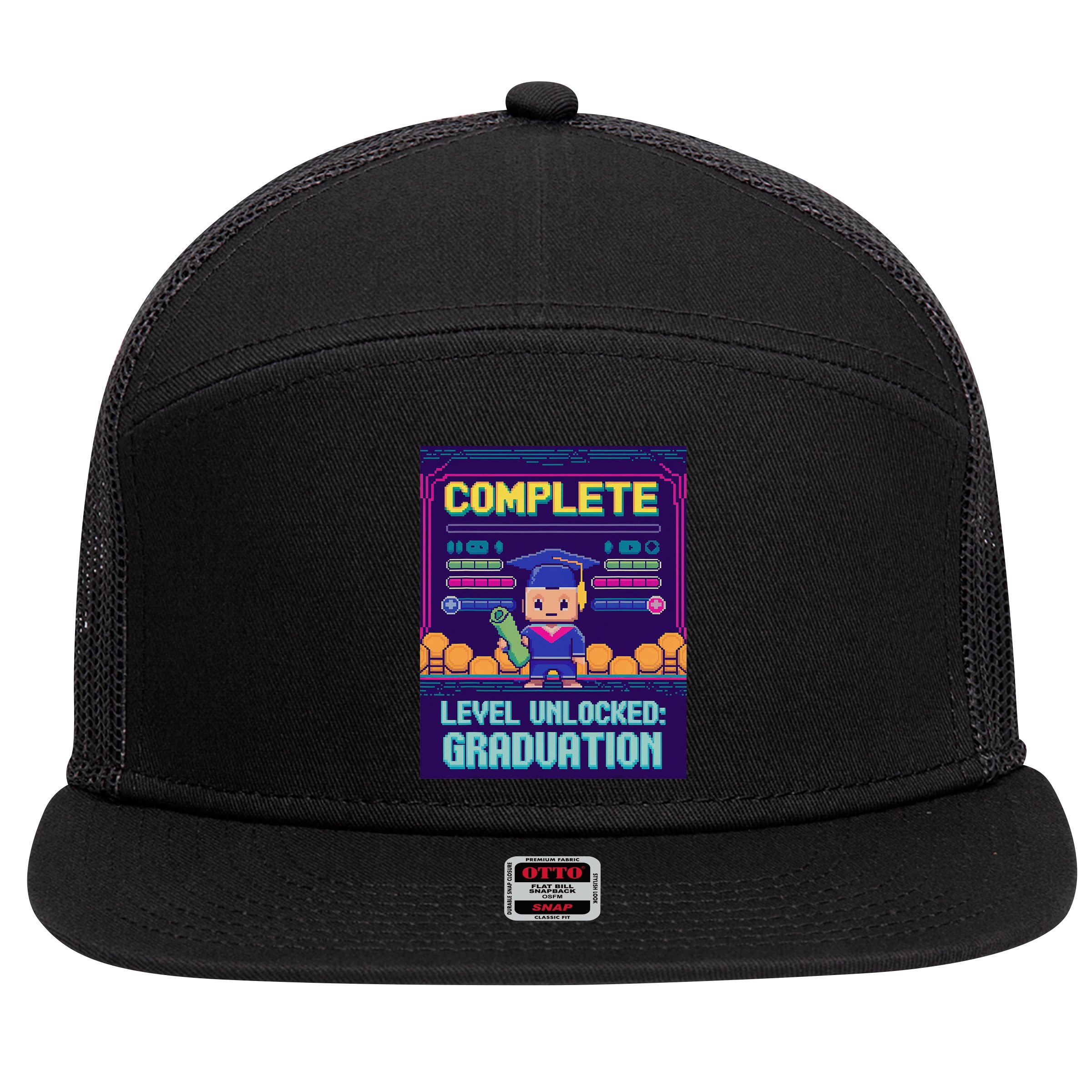 Funny 2025 Gamer Level Complete Master College Graduation 7 Panel Mesh Trucker Snapback Hat