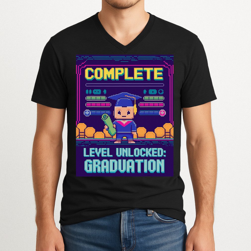 Funny 2025 Gamer Level Complete Master College Graduation V-Neck T-Shirt