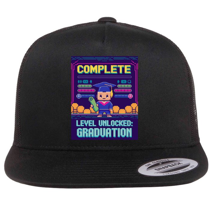 Funny 2025 Gamer Level Complete Master College Graduation Flat Bill Trucker Hat