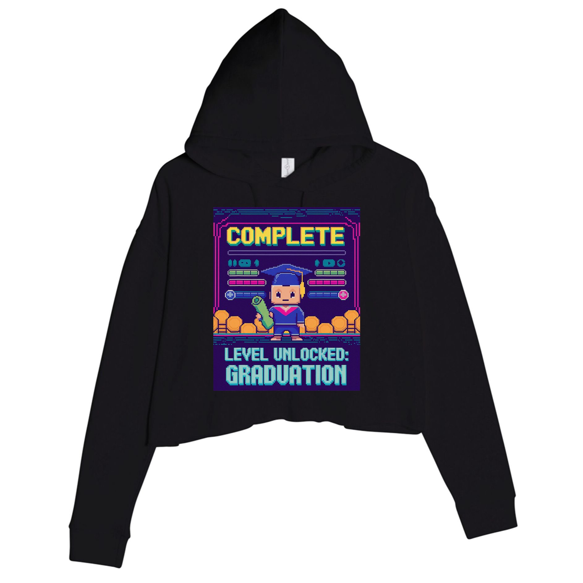 Funny 2025 Gamer Level Complete Master College Graduation Crop Fleece Hoodie