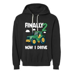 Finally 2 Now I Drive 2nd Birthday Party Boy Tractor Garment-Dyed Fleece Hoodie