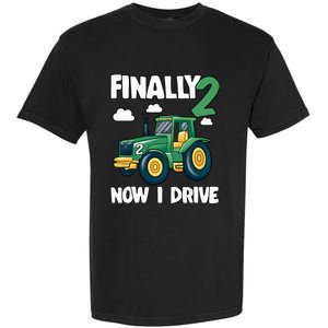 Finally 2 Now I Drive 2nd Birthday Party Boy Tractor Garment-Dyed Heavyweight T-Shirt