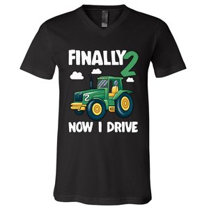 Finally 2 Now I Drive 2nd Birthday Party Boy Tractor V-Neck T-Shirt