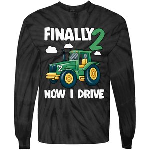 Finally 2 Now I Drive 2nd Birthday Party Boy Tractor Tie-Dye Long Sleeve Shirt