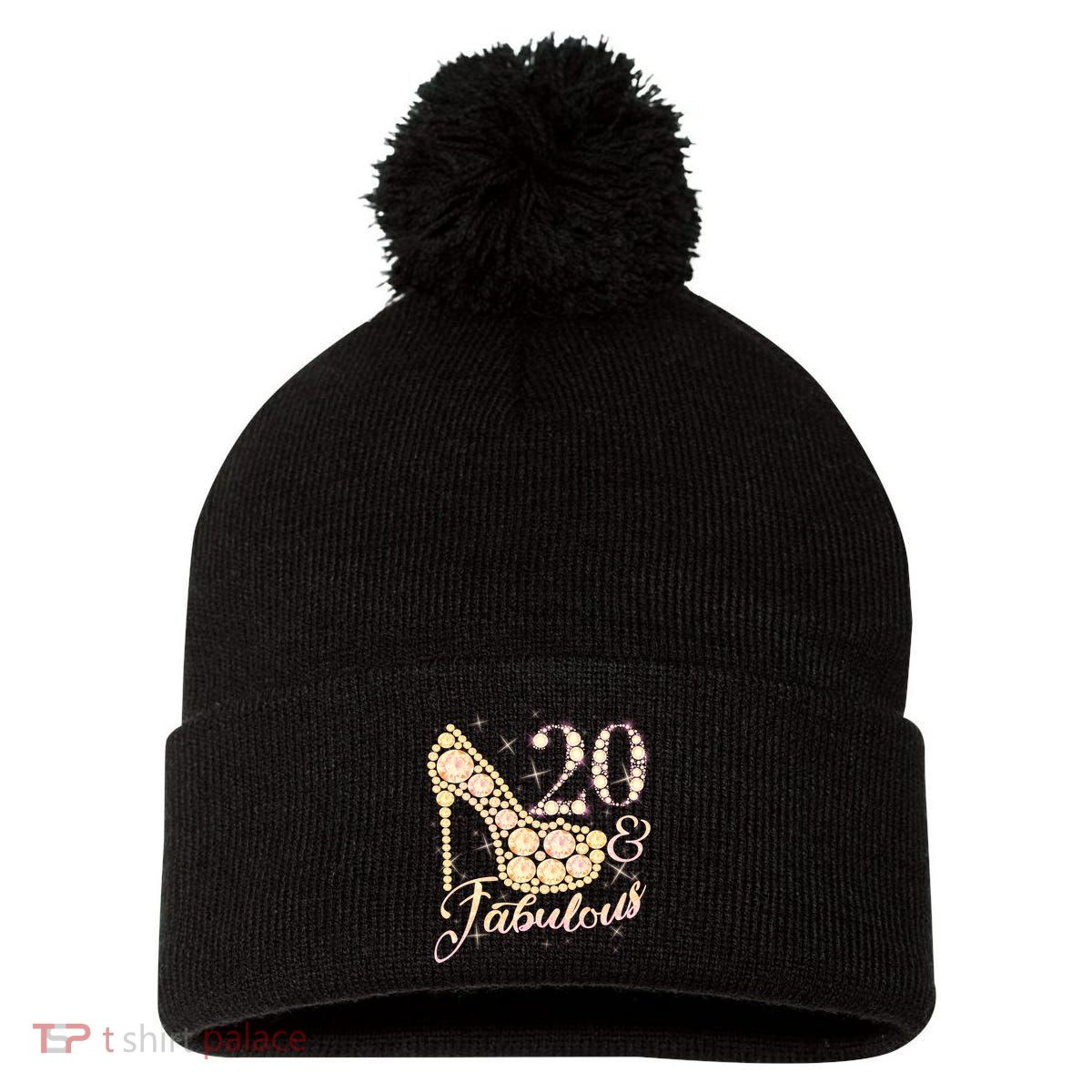 Fabulous & 20 Sparkly Heel 20th Birthday Pom Pom 12in Knit Beanie