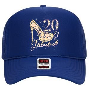 Fabulous & 20 Sparkly Heel 20th Birthday High Crown Mesh Back Trucker Hat