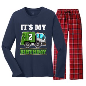 Funny 2 Years Old Garbage Truck 2nd Birthday Party Women's Long Sleeve Flannel Pajama Set 