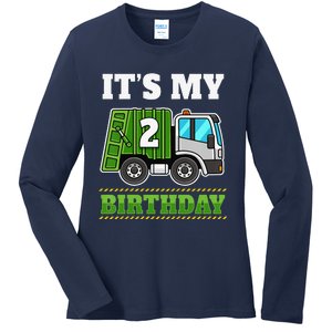 Funny 2 Years Old Garbage Truck 2nd Birthday Party Ladies Long Sleeve Shirt