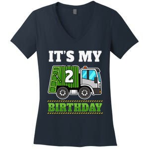 Funny 2 Years Old Garbage Truck 2nd Birthday Party Women's V-Neck T-Shirt