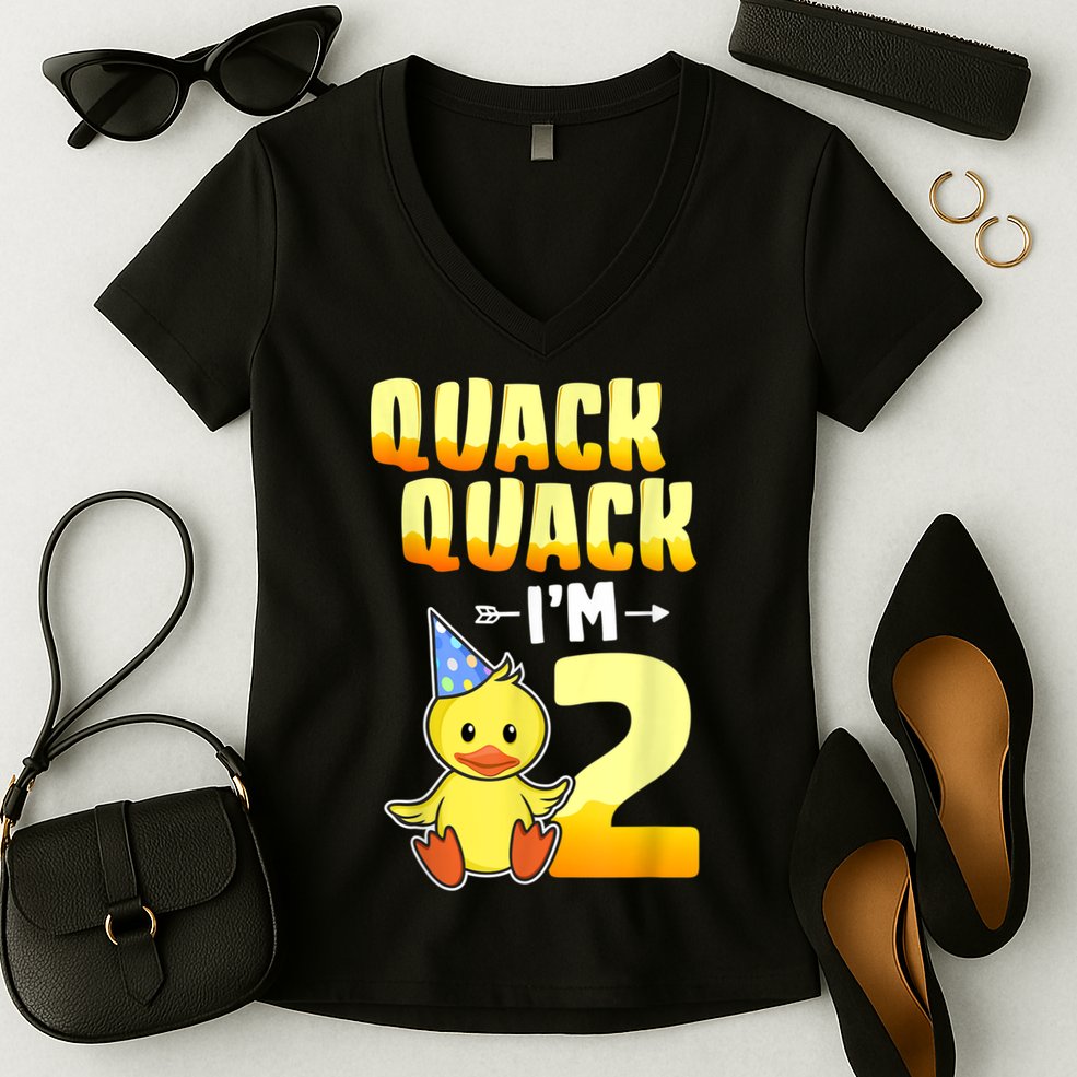 Funny 2 Year Old Girl Boy Duck 2nd Second Birthday Party Gift 1 Women's V-Neck T-Shirt