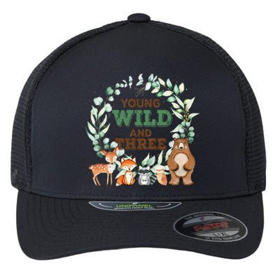 Funny 3rd Birthday Woodland Animals Young Wild & Three Flexfit Unipanel Trucker Cap