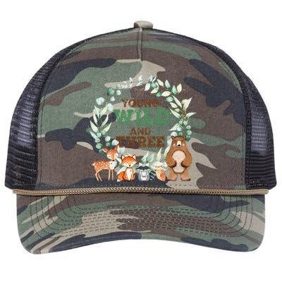 Funny 3rd Birthday Woodland Animals Young Wild & Three Retro Rope Trucker Hat Cap