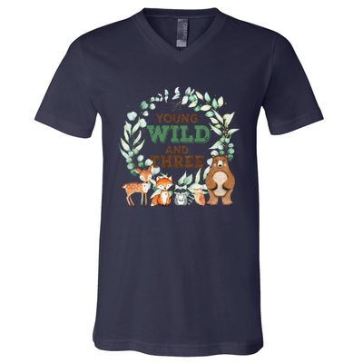 Funny 3rd Birthday Woodland Animals Young Wild & Three V-Neck T-Shirt