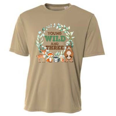 Funny 3rd Birthday Woodland Animals Young Wild & Three Cooling Performance Crew T-Shirt