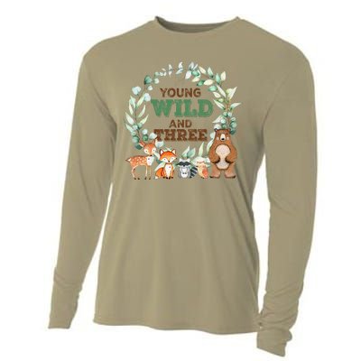 Funny 3rd Birthday Woodland Animals Young Wild & Three Cooling Performance Long Sleeve Crew