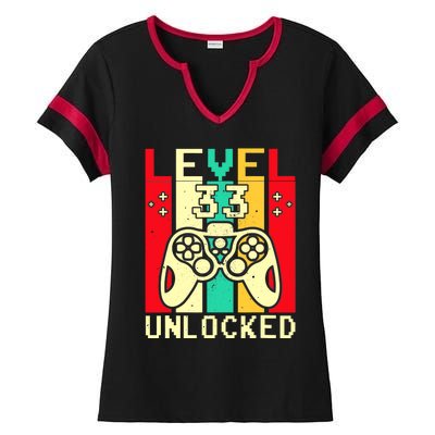 Funny 33rd Gamer  Saying Vintage Level 33 Unlocked Gaming Ladies Halftime Notch Neck Tee