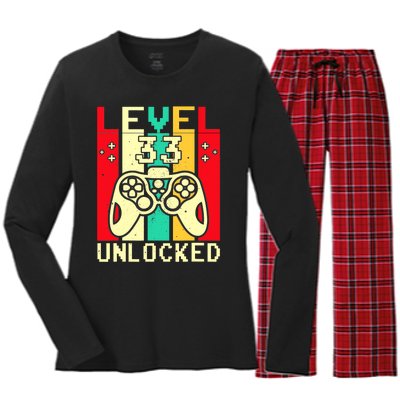 Funny 33rd Gamer  Saying Vintage Level 33 Unlocked Gaming Women's Long Sleeve Flannel Pajama Set 