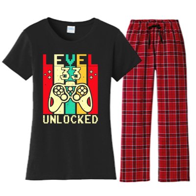 Funny 33rd Gamer  Saying Vintage Level 33 Unlocked Gaming Women's Flannel Pajama Set