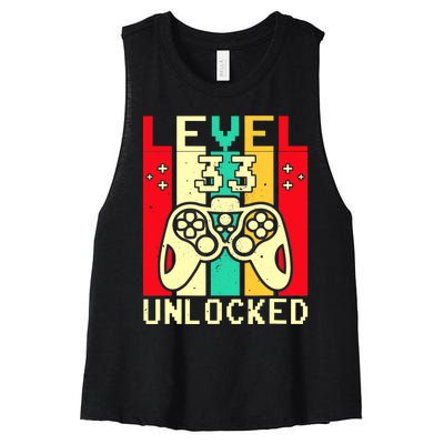 Funny 33rd Gamer  Saying Vintage Level 33 Unlocked Gaming Women's Racerback Cropped Tank